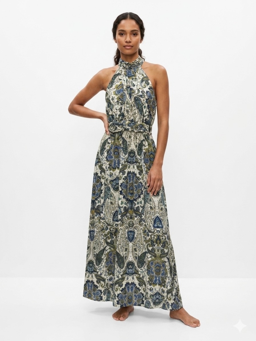 #B23 Design Lab green and blue paisley high neck long maxi dress Sm P2p17 L54
